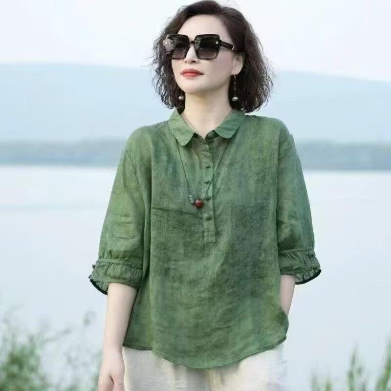 Camisa casual de lino mezclado para mujer con cuello de solapa, media botonadura, manga tres cuartos