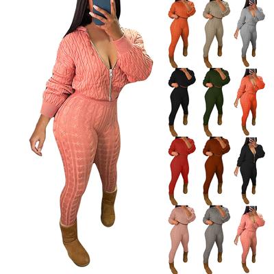 Women's Fashion Hooded Solid Color High Elasticity Knitted Sweater Slim Fit Pants Two-Piece Set