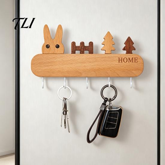 Heavy Duty Screw Fixation Hooks Wooden Key Holder with 5 Hooks, Cartoon House Theme Organizer, Multi Entryway Wall Storage Purpose Hanging Rack