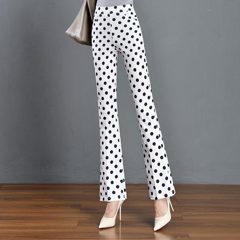 Japanese Style Sweet Summer Pants New Women Elastic High Waist White Polka Dot Pockets Fashion Office Lady Slim Flare Trousers