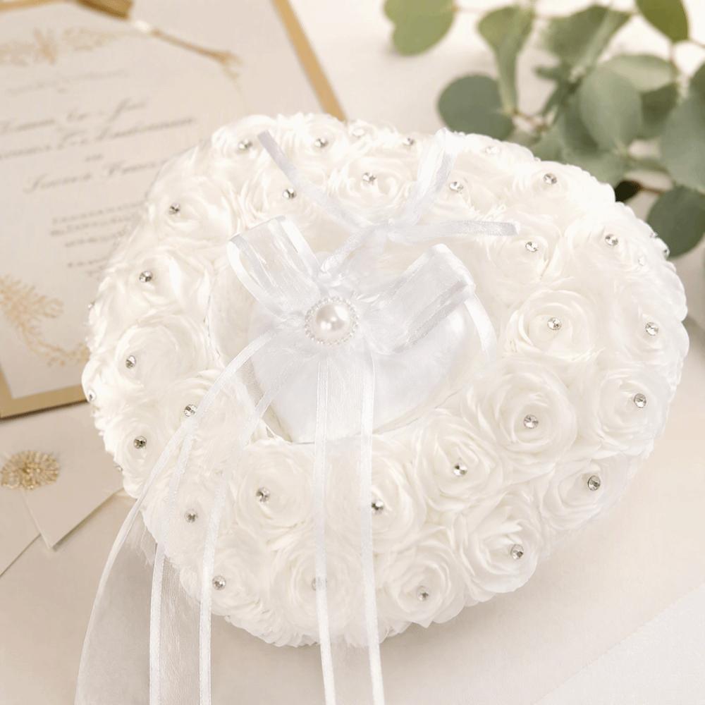 Rhinestone Decoration Wedding Ring Pillow Ribbon Pearl Heart Shaped Ring Box  For Bride