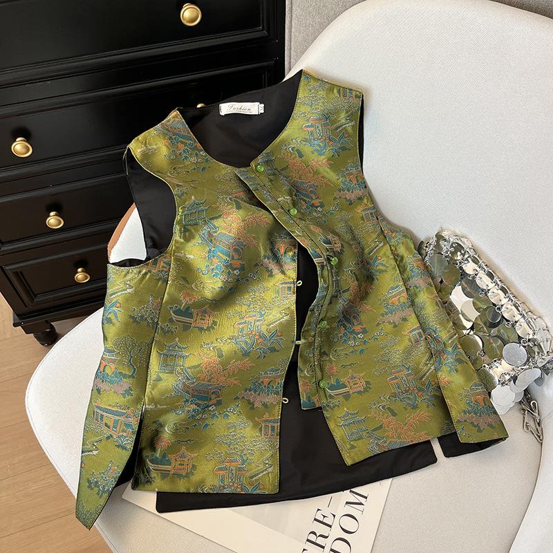 

Ранний Новый год Гочао Мама Короткий Жаккардовый Жилет Топ на Пуговицах XXXL [Recommended 138-75kg] зелёный