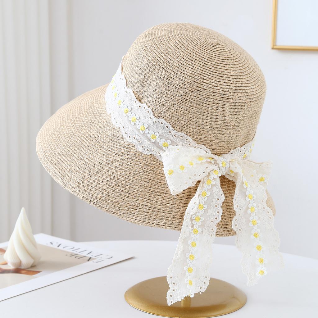 Summer Hats Women Lace-Trimmed Yellow And White Floral Bow Ribbon Straw Hat, Fashionable Sunhat Wide brimmed