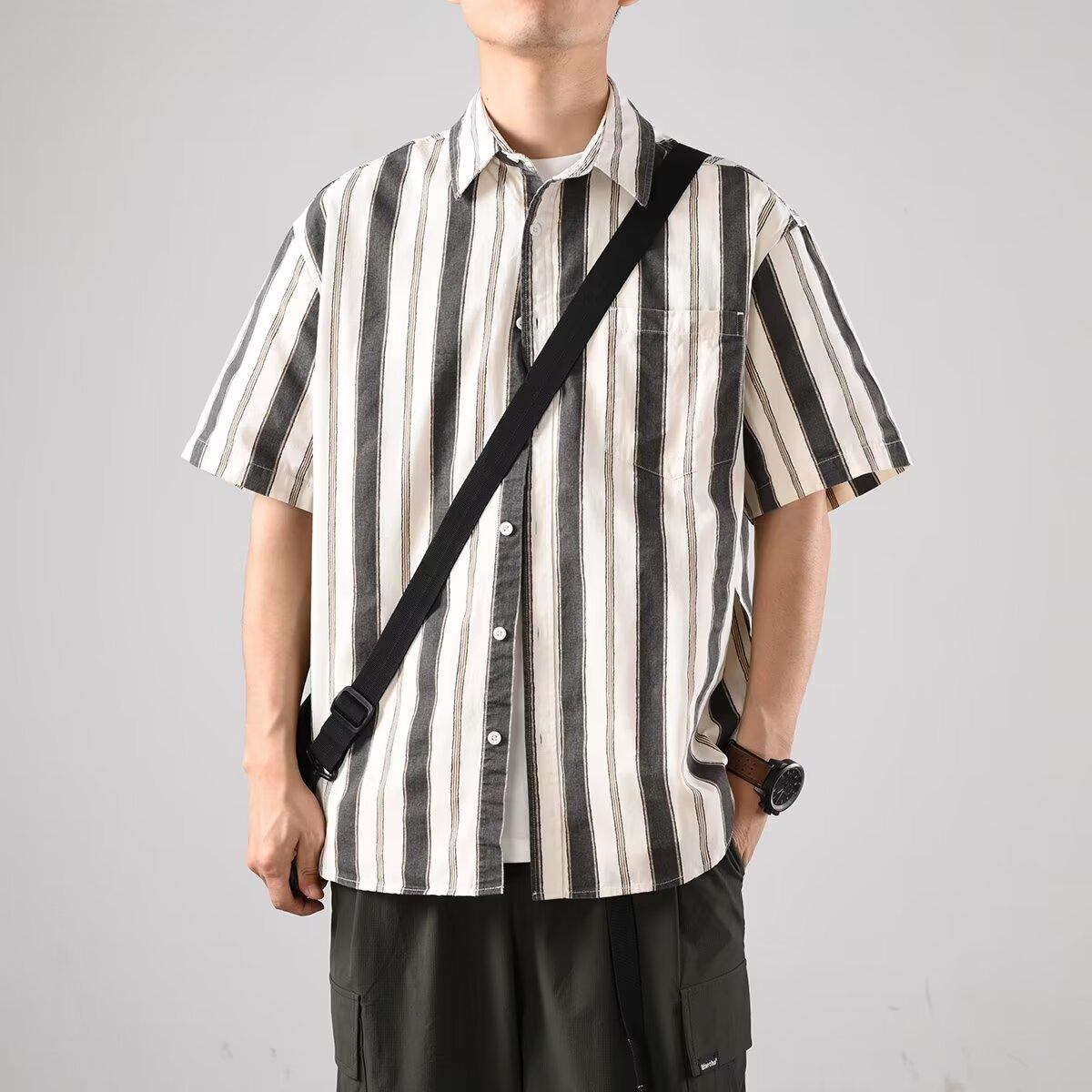 

Летняя мужская полосатая рубашка с короткими рукавами, облегающая, модная, тонкая, повседневная, с короткими рукавами, мужская рубашка 2XL