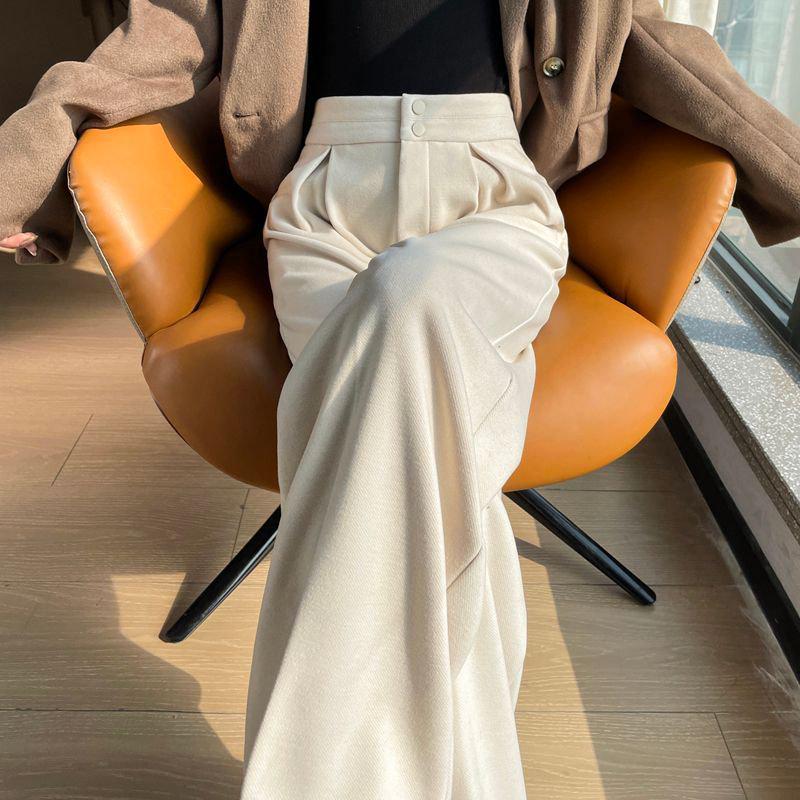 2026 Women's High Waist Velvet Wool Wide-Leg Pants - Floor Length, Slim Fit, Casual Spring Style