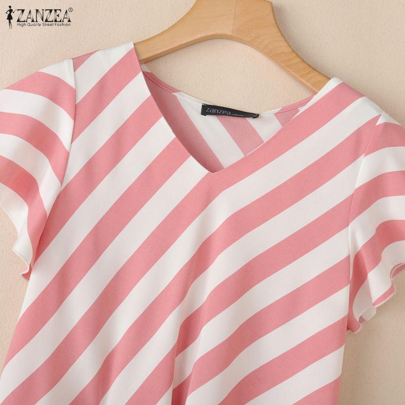 ZANZEA Blusa informal de verano con cuello en V y manga corta a rayas para mujer