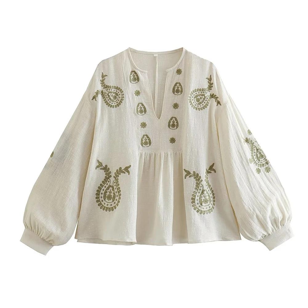 Womens  Loose Cotton Embroidery Shirt Stylish Elegant Long Sleeve Western-style Summer V-neck Fashionable Versatile Top