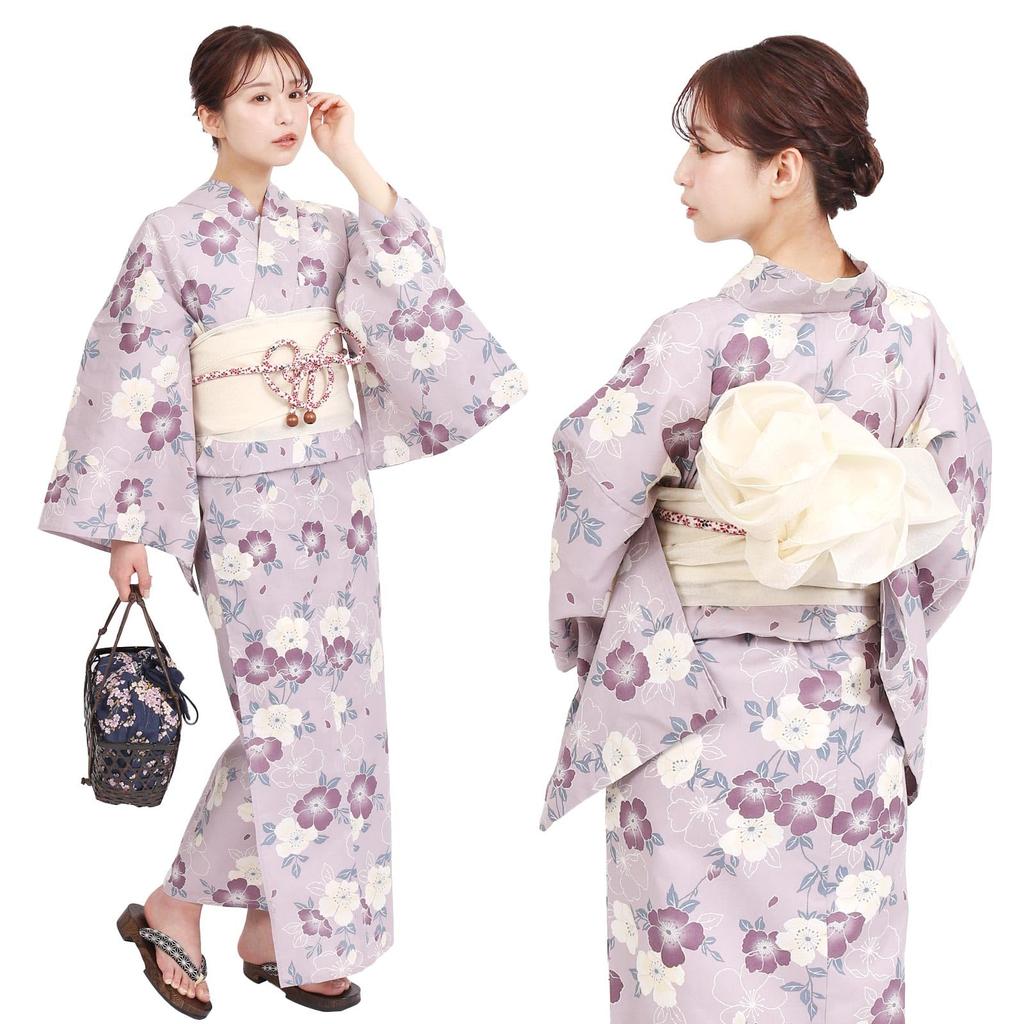 Zestaw Yukata Fuuka z Obi Wolny Kwiat Wiśni i Fioletowy Wyprodukowano w X23H18B104 Damski Dwuczęściowy (Heko Obi), Zestaw dwuczęściowy, Rozmiar, (Heko Obi, Japonia,