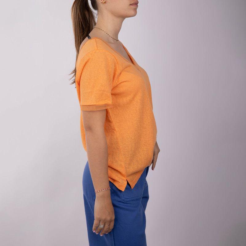 Haut corail manches courtes Col V devant et au dos Femme DEELUXE 74