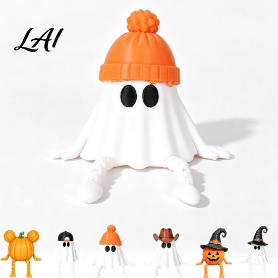 Artistic Ghost Sculptures Halloween Pumpkin Figurine 3D Printed Statue with Desk Ornaments Poseable Joint Spooky Articulated Decor Ornament
