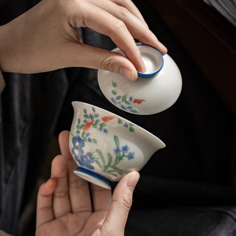 

Hand-painted Sky Bamboo Cover Bowl Under Glaze Color Flowers Bamboo Stone Tea Bowl Kung Fu Tea Set Garden Light Luxury Tea Bowl