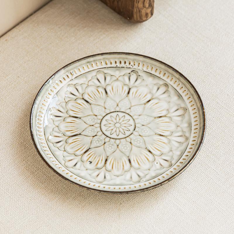 Ceramic Plate, Exquisite Pattern Plate, Household Round Plate, Characteristic Relief Plate, Vegetable Plate, Western Food Plate, Dessert Plate.