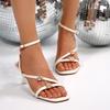 Fashion Luxury Pearl Flower Narrow Band Ankle Strap Sandals Women 2025 Summer Square Toe High Heel Sandals Sexy Party Dress Shoes Women