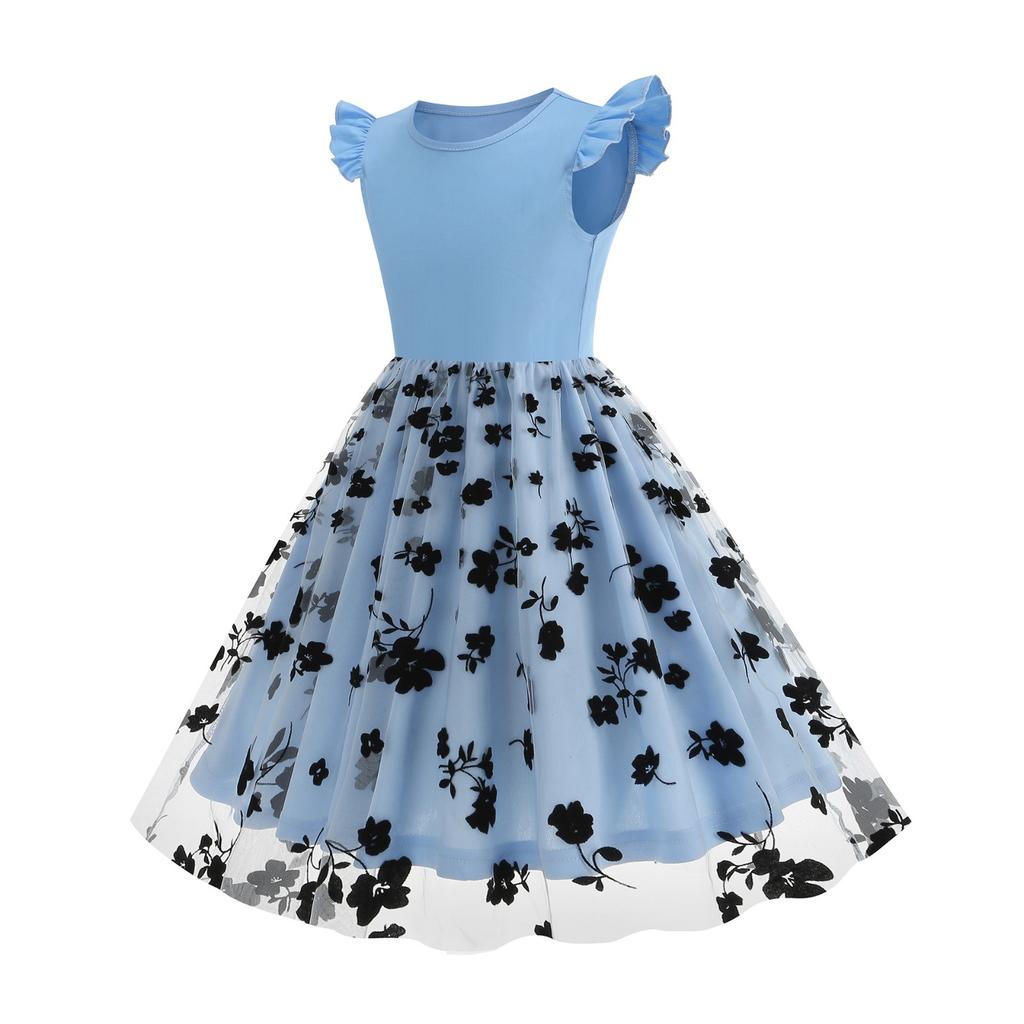 Sommer Kinder Taille Spleißen Mesh Kurzarm Rundhals Vintage Mädchen Langen Rock Swing Kleid