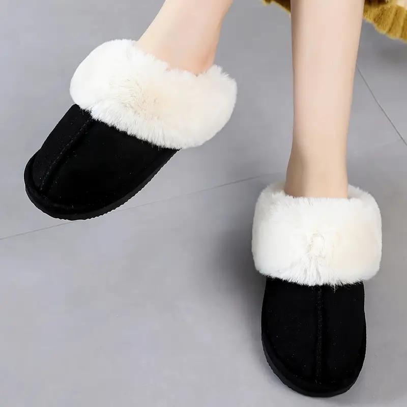 Solid Color Home Warm Slippers, Soft Sole Platform Plush Lined Backless Shoes, Round Toe Indoor Fluffy Shoes