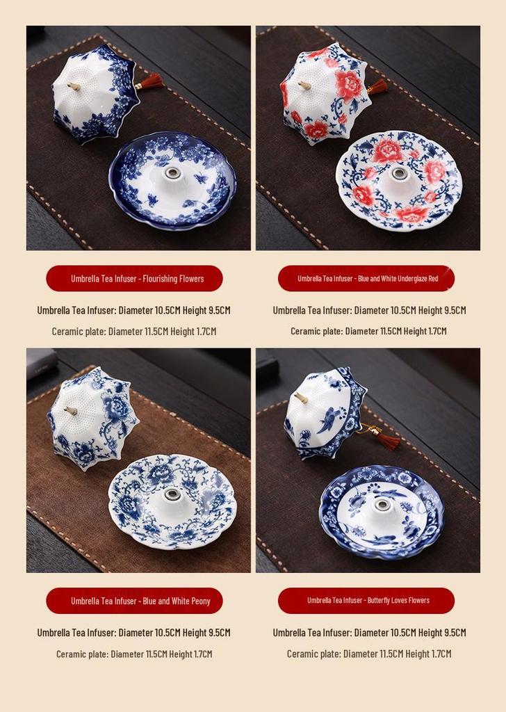 Creative Blue & White Porcelain Umbrella Tea Strainer - Ceramic Rotating Filter & Tea Table Decoration