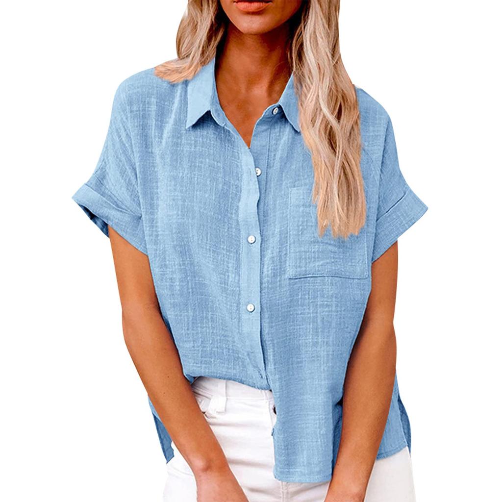 Women's Fashion Loose Casual Short Sleeve Lapel Button Down Shirt Solid Color With Pocket T-Shirt Top