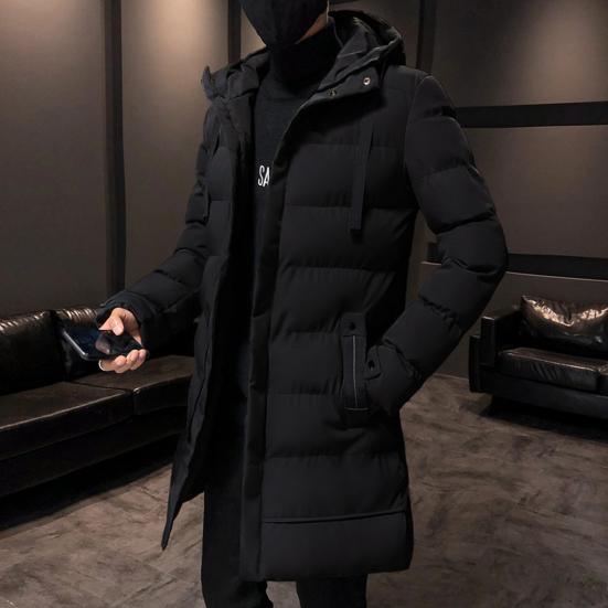 Autumn Winter Men Jacket Cotton Padded Hooded Long Sleeve Drawstring Mid-length Windbreaker for Daily Wear