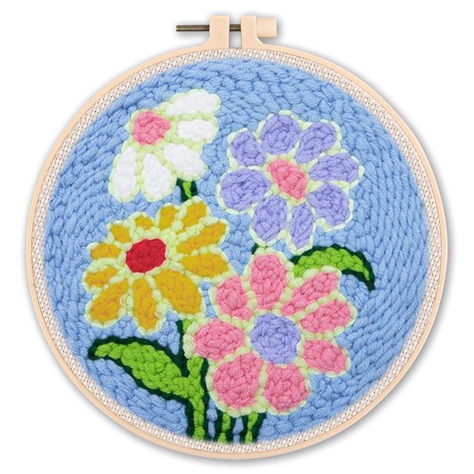 DIY Punch Needle Kits for Beginners Flower with Hoop Embroidery Punch Needle Starter Craft Set Festival Gift and Decoration