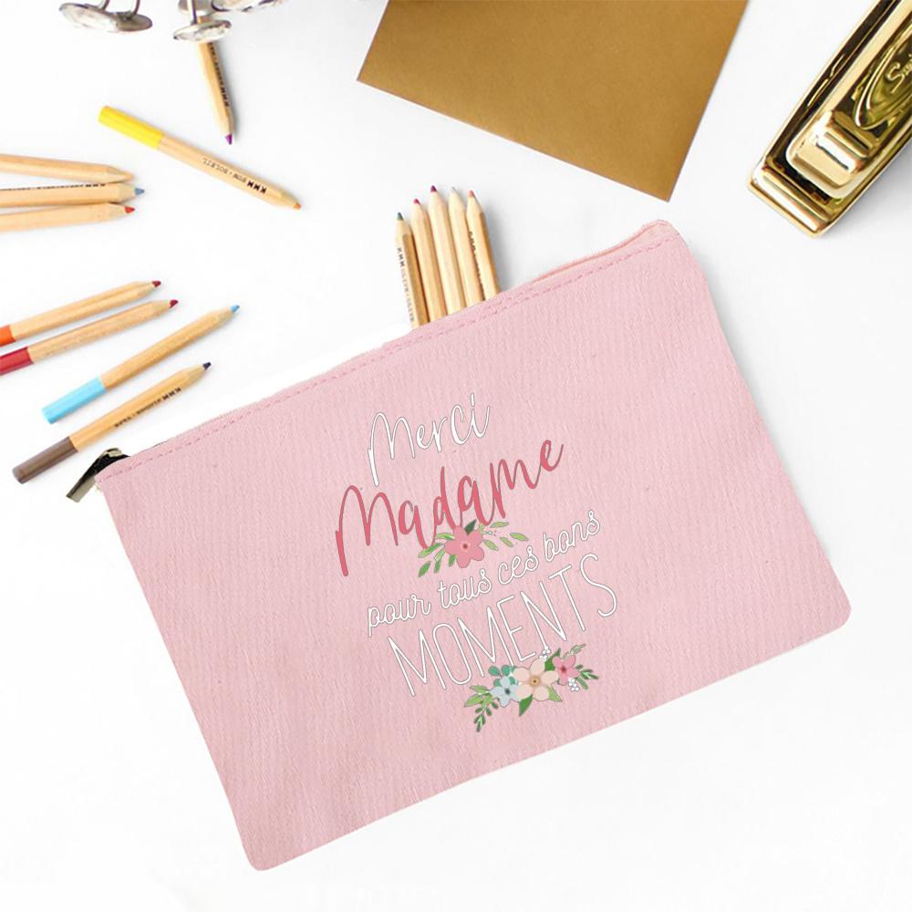 Merci Madame Print Pencil Bag Large Capacity School Stationery Supplies Storage Bags Travel Make Up Bag Year-end Gift for Madame