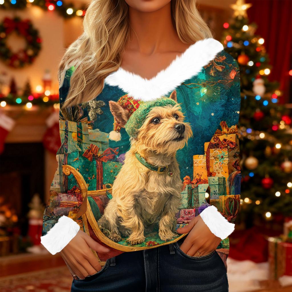 Dámské tričko Tričko Vánoční tričko s dlouhým rukávem Party Vánoční potisk Fleece s límcem s výstřihem do V