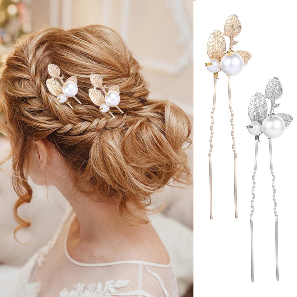 Girls Pearl U Shape Hairpin Gold/Silver Leaf Non-slip Alloy Hairpin Headwear for Festival Wedding Party Head Decor
