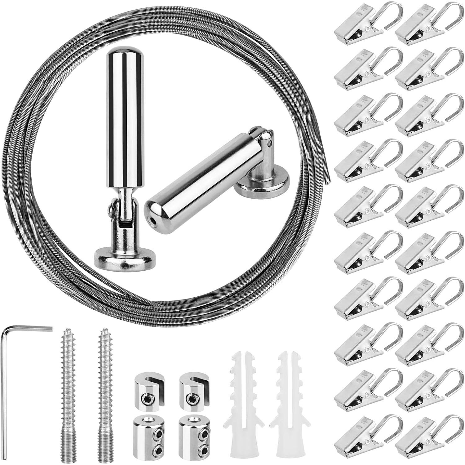 Wall Mount Art Projects Display Curtain Rod Set (5 Meters) with 20 Clips - Stainless Steel Photo Hanging Clothesline Window Curtain Tension 5m