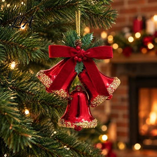 Triple Bell Pendant for Holiday Decor Christmas Ornament with Red Bow & Holly Leaves, Glossy Tiered Scene Jingle Bells Hanging Tree Wreath Door, Party