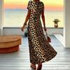 Women Plus Size Short Sleeve V Neck Maxi Dress Warm Camel Leopard Print Loose Summer Vacation Long Dress