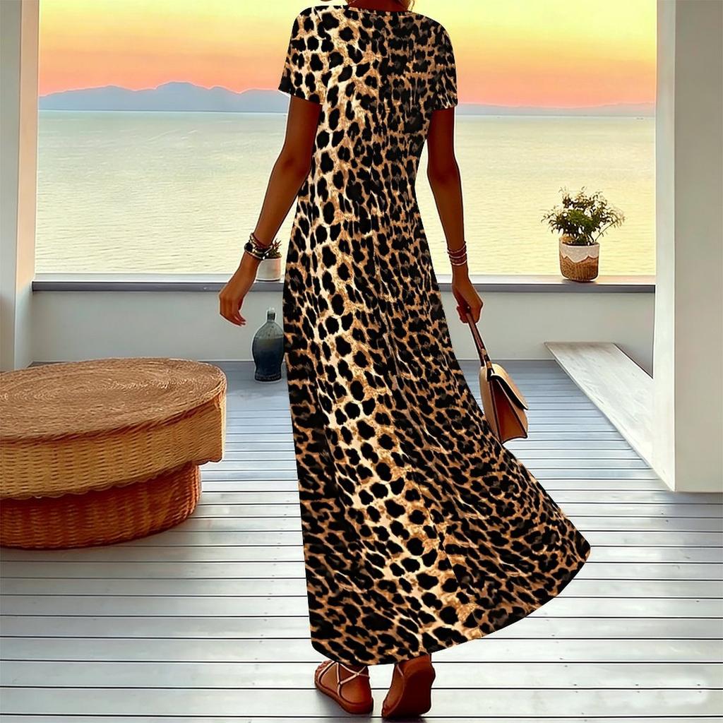 Women Plus Size Short Sleeve V Neck Maxi Dress Warm Camel Leopard Print Loose Summer Vacation Long Dress