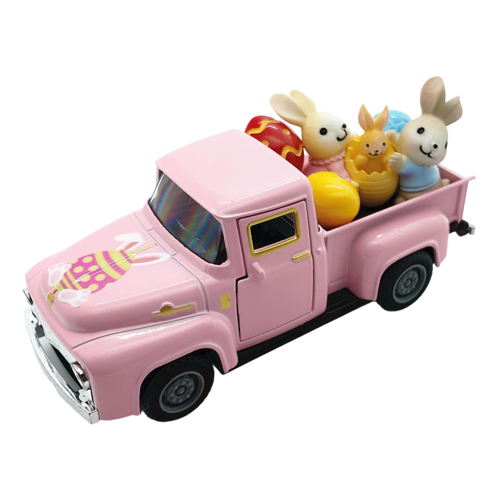 

Vintage Style Pickup Truck Model with Easter Bunny and Egg Decorations Alloy Car Ornament for Home Tabletop Display Collectible рожевий