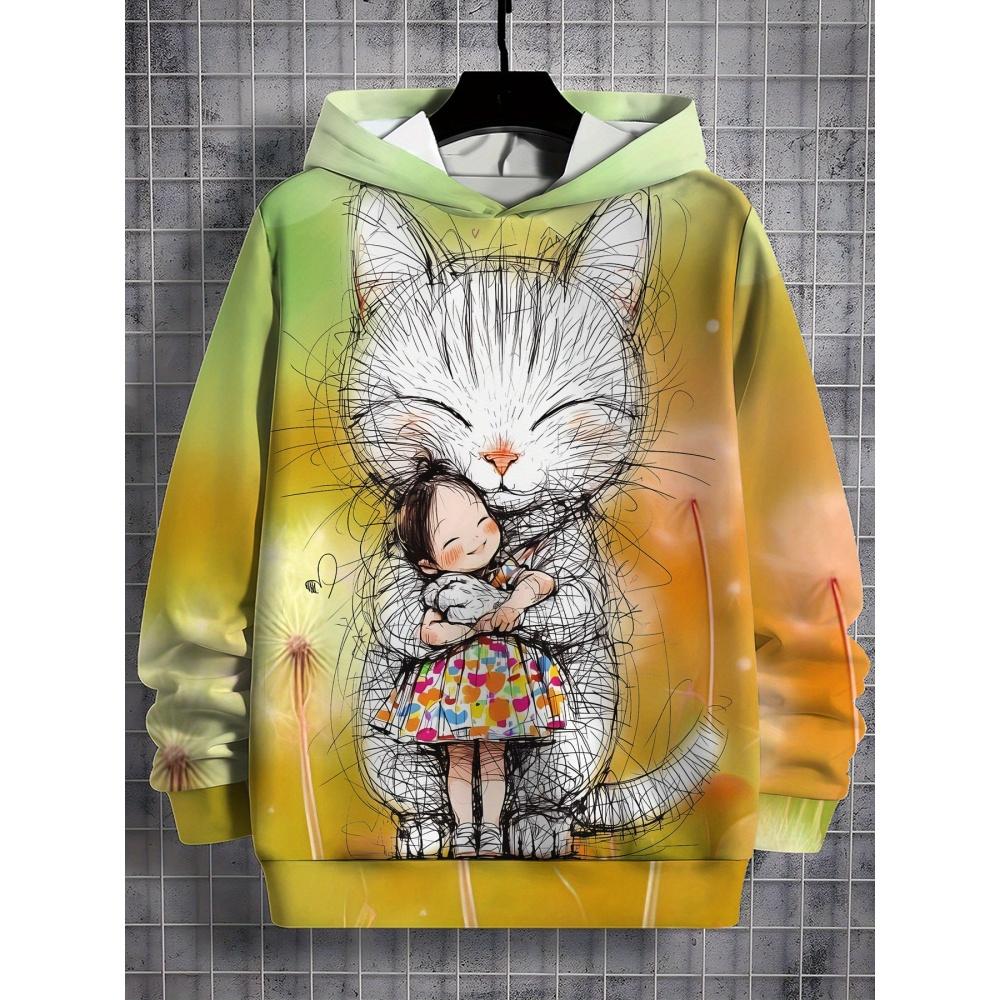 Girl Sweatshirt Pink Gradient Hoodie Cute Cat Print Spring Autumn Casual Pullover Long Sleeve Kids Clothing Top