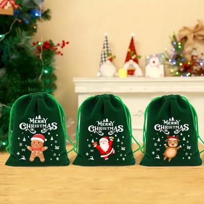 10pcs Merry Christmas Velvet Bags Green Drawstring Pouch Candy Gift Bag Jewelry Packaging Bags Xmas New Year Party Supplies