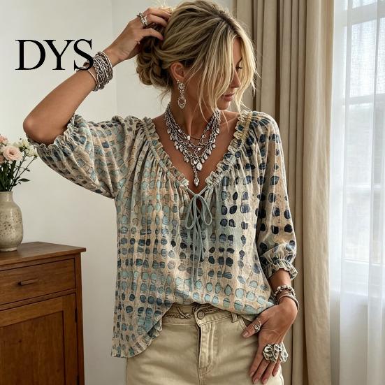 Dreiviertel Puffärmel Oberteil Damen Sommer Lässig Hemd, V-Ausschnitt Schnürung 3/4 Bluse, Kariert Boho Locker Bluse Druck Fließende Oberteile, Leicht Atmungsaktiv