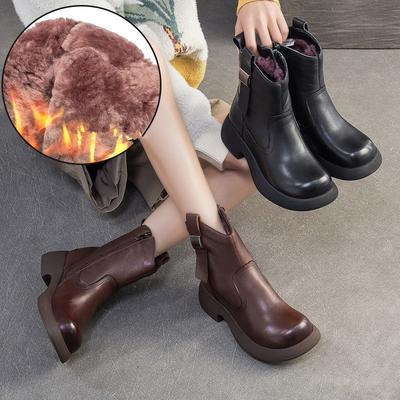 Bottes courtes rétro chaudes en cuir véritable et laine, bottes de neige polyvalentes à talons épais pour femmes