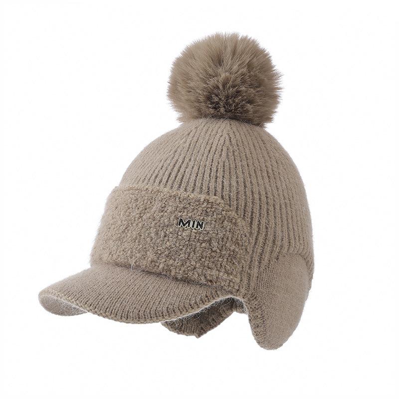 Knitted Wool Hat Women's Autumn and Winter Outdoor Cycling Windproof Hairball Hat Cold-proof Warm Fleece Ear Hat