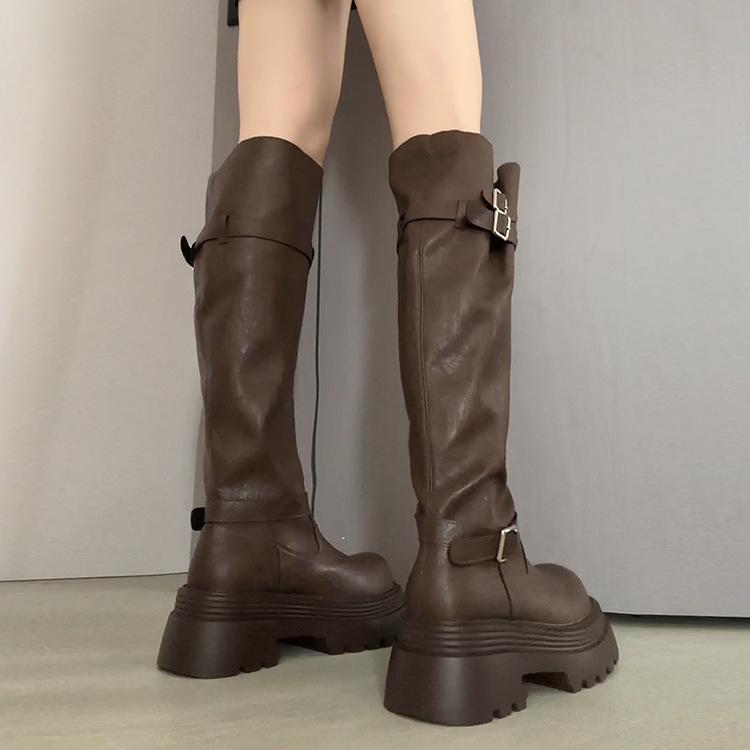 

Maillard женские ботинки с маленькой пряжкой на ремне, осень-зима 2025, новые тонкие ковбойские ботинки, прямые длинные ботфорты 40 коричневый