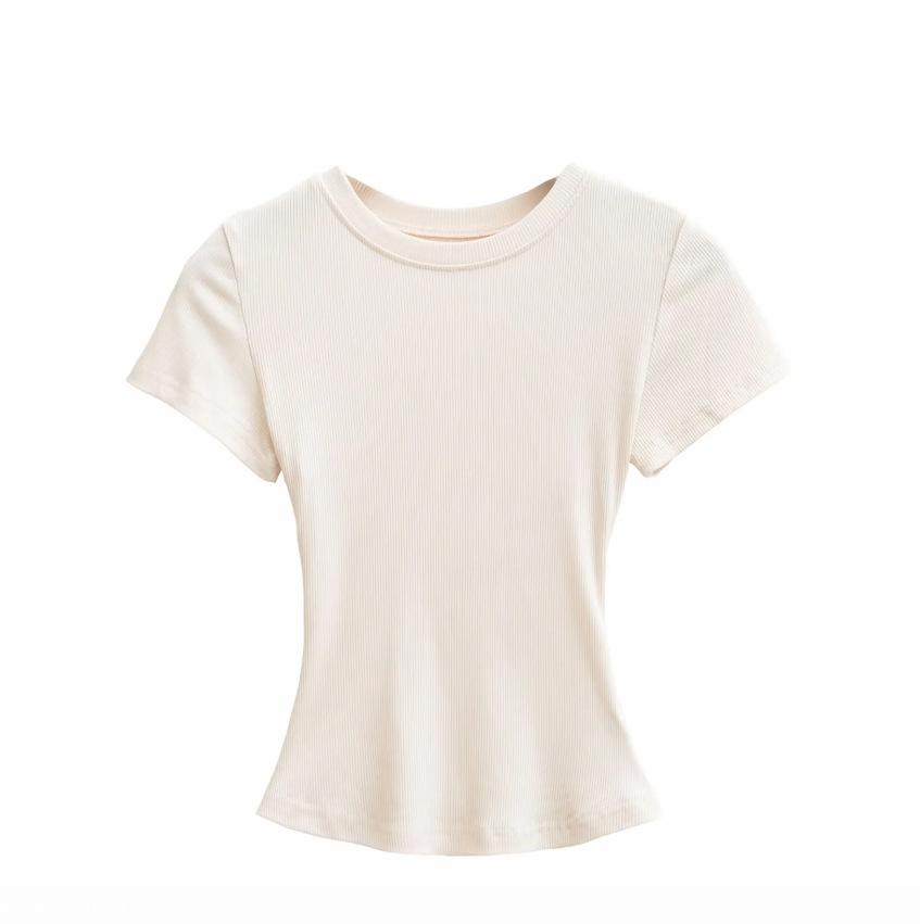 Summer New Female American Spice Girl Solid Color Crew Neck Short Sleeve T-Shirt Basic Threaded Bottom Top