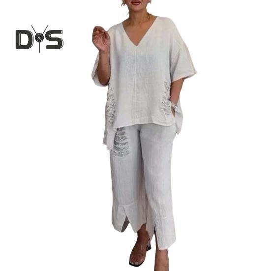 2 ks/sada Podzim Jaro Ženy Tričko Kalhoty Set Polorukávy Výstřih do V Rippe Top Pružný pas Flitr Kalhoty OL Dojíždění Sport Kalhoty Outfit