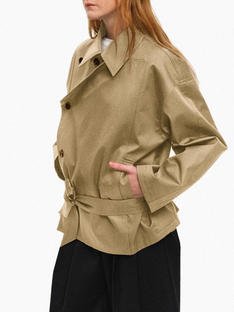 American Short Lapel Trench Coat: High-End Waist-Defining Double-Breasted Loose Long Sleeve Jacket for Women