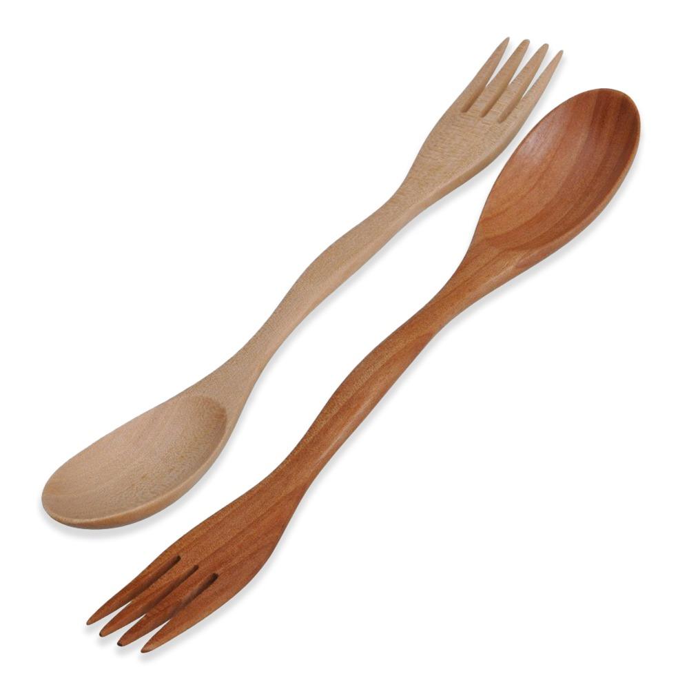 Cutlery Dinner Tableware 2 in 1 Spoon Fork Natural Wood Dual Head