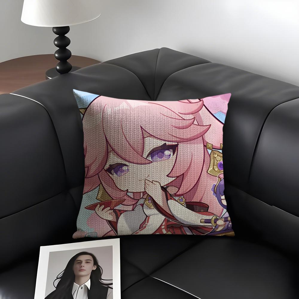 Yae Miko Cute Genshin Impact Cushion Cover Natural Linen Organic Fabric Double-Sided Printing Sofa Home Decor Gift Pillow Case