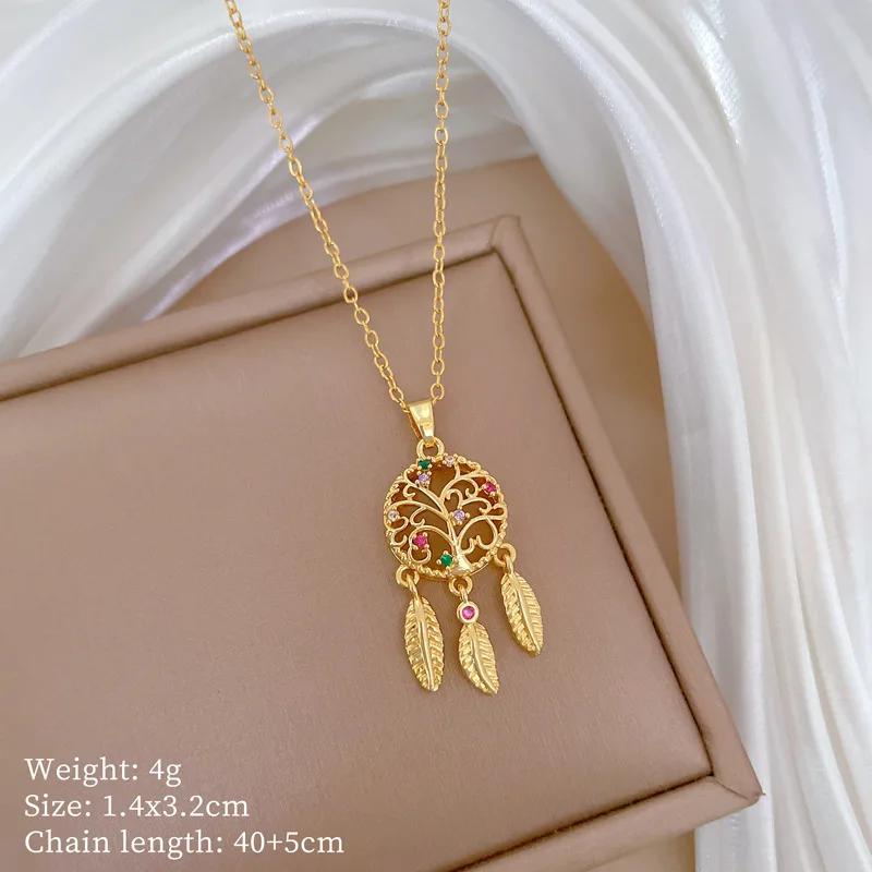 

Fashion Colorful Zircon Tree of Life Dream Catcher Pendant Necklace for Women Girls Stainless Steel Chain Vintage Jewelry Gifts