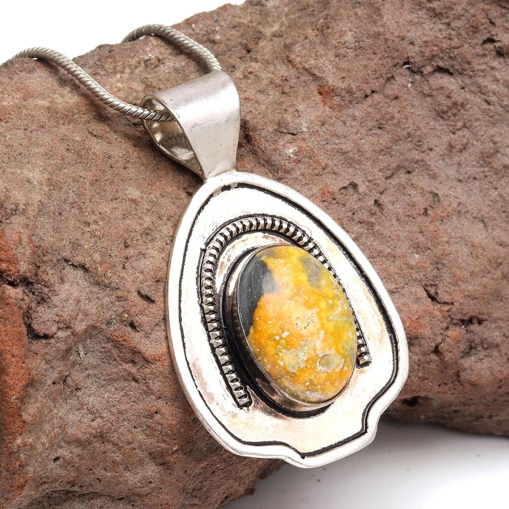 Bumble Bee Jasper Gemstone Mother's Day Silver Jewelry Pendant  2.25"