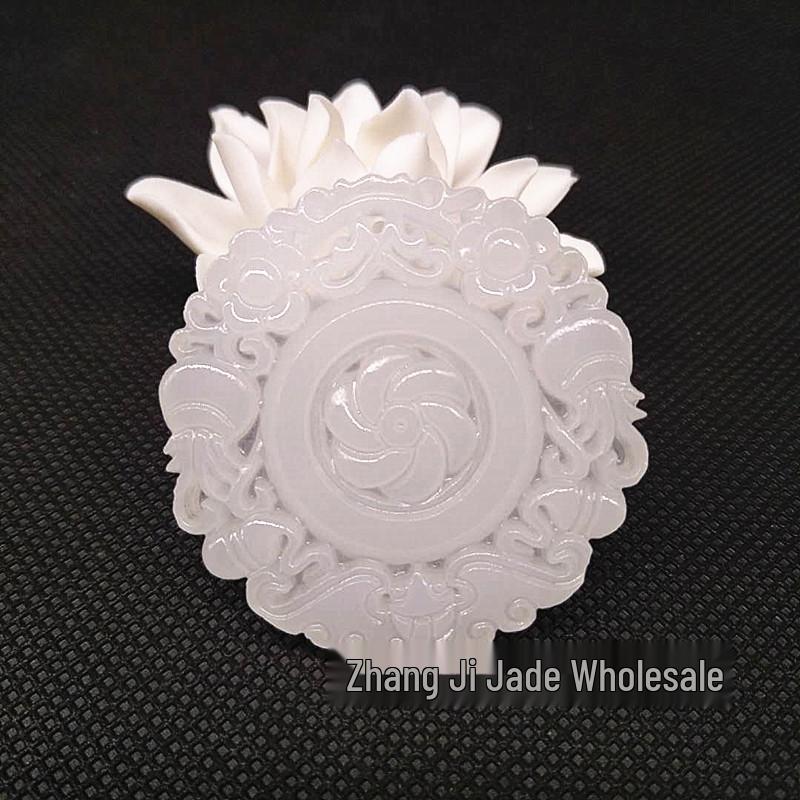 Afghanistan White Jade Flower Pendant Necklace - Exquisitely Carved Ethnic Style Lucky Charm Polished