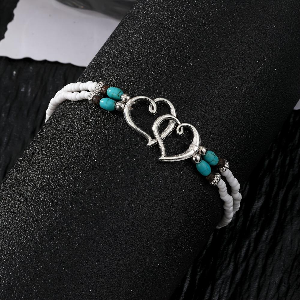 Dobbel Openwork Hjerte Perleanklettsett med Mini Rocailles Elegant Bøhmisk Stil Elastisk Anklett, Perfekt Gave til Vakre Kvinner