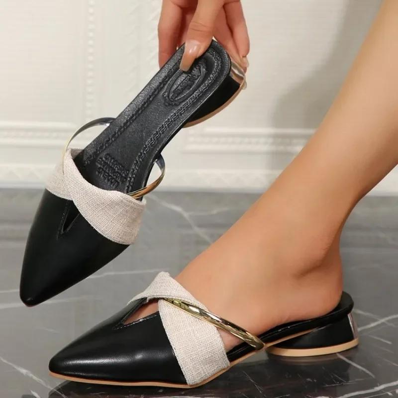 Fashion Sharp Pointed Sandals for Women 2025 New Summer Style Thick Heel Baotou Korean Version Low Heel Cool Slippers for Women