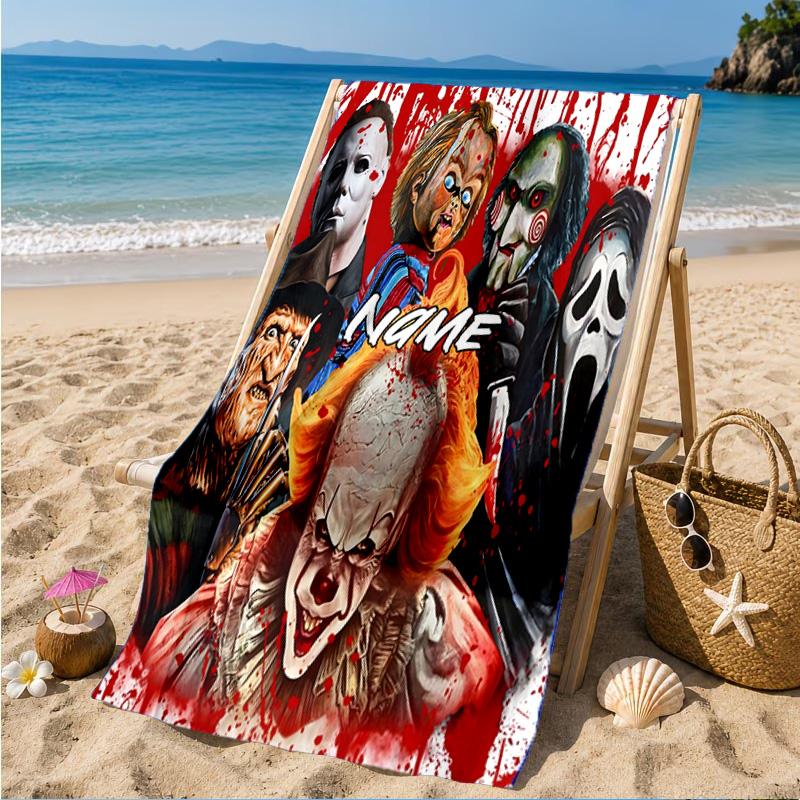 Custom Name Halloween Horror Christmas  Beach Towel Microfiber Beach Towel, Lightweight and Quick-Dry, for Summer Travel, Swimming Pool Gift
