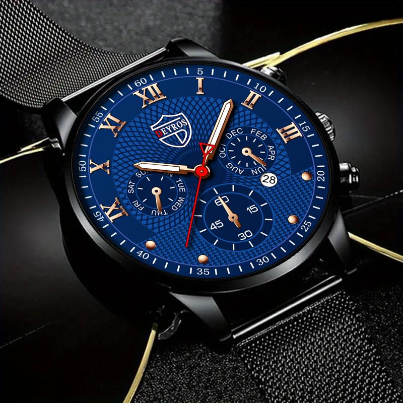3pcs/set, 1pc Men's Luxury Business Stainless Steel Mesh Band Quartz Watch & 1pc Bracelet & 1pc Necklace with