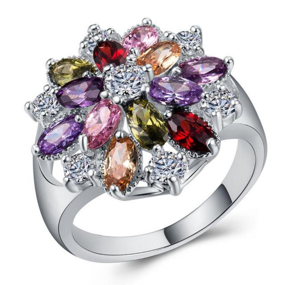 Milangirl Mehrfarbig Lila Blume Wassertropfen Kristall Zirkon Ringe für Damen Weiblich Hochzeit Verlobung Braut Bankett Zirkon